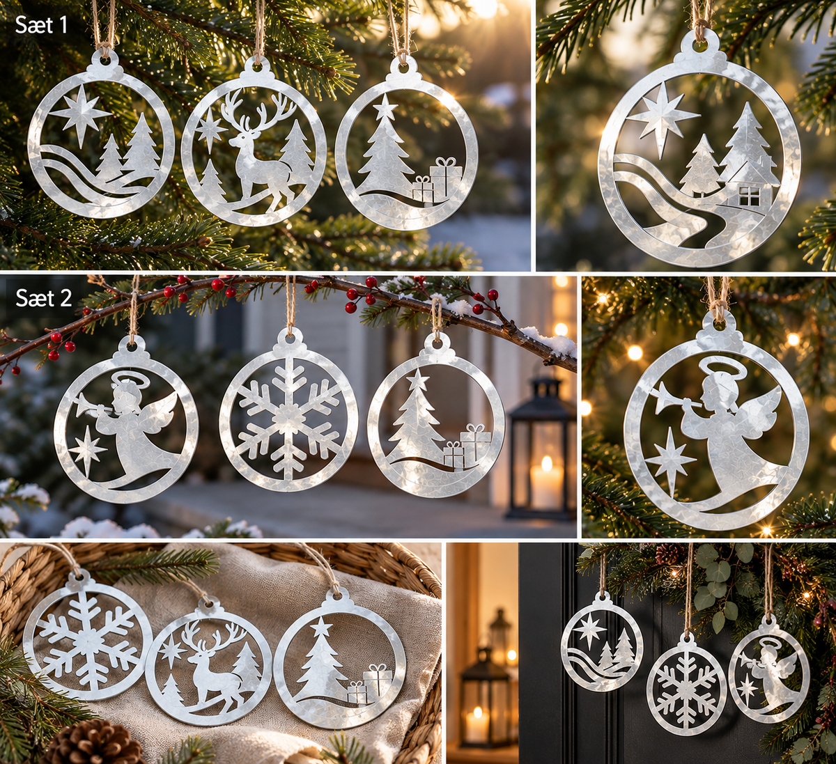 Julekugler i galvaniseret stål, med udskåret  julemotiver