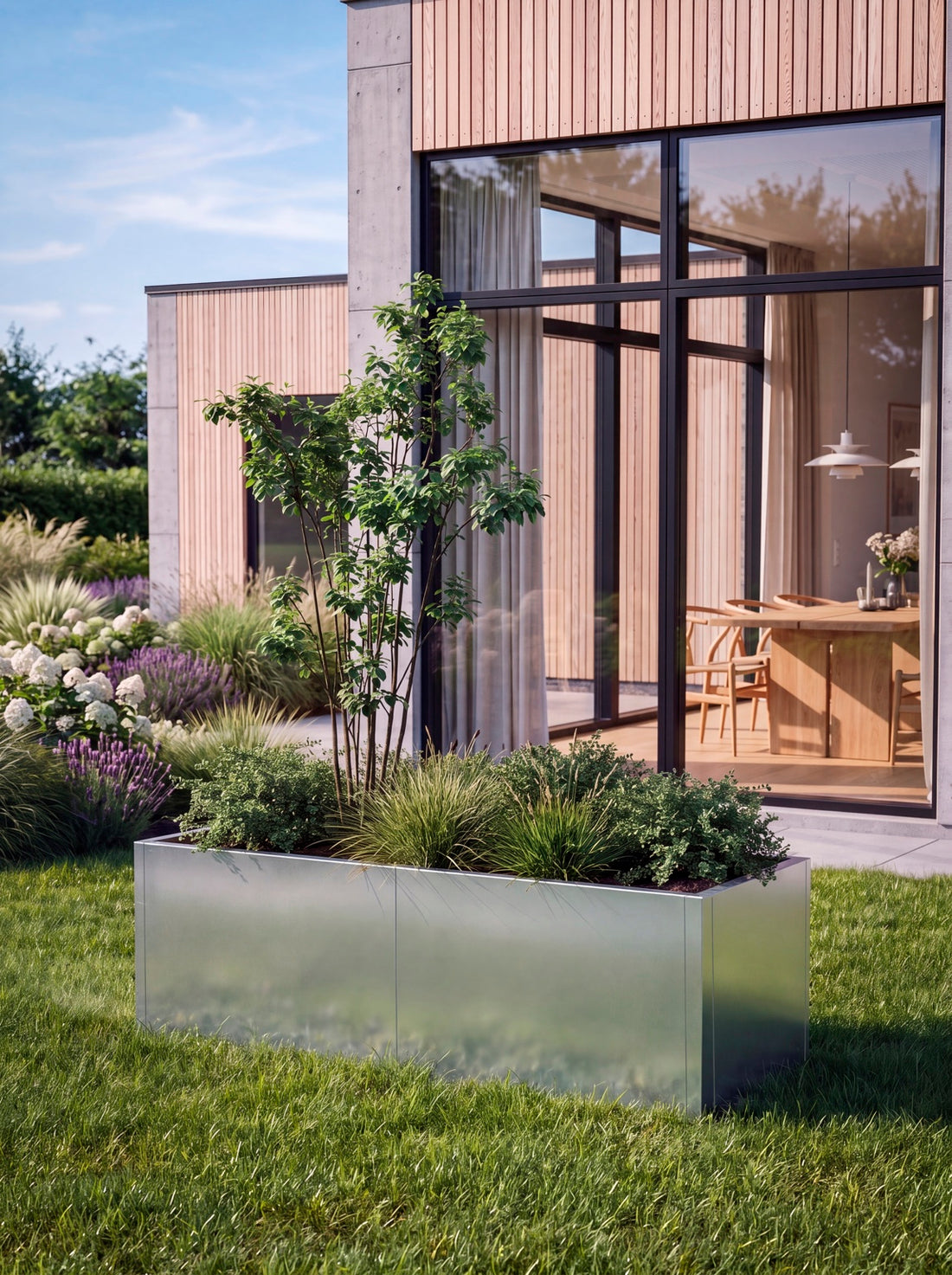 Modulopbygget højbed i galvaniseret stål med grønne planter i moderne have