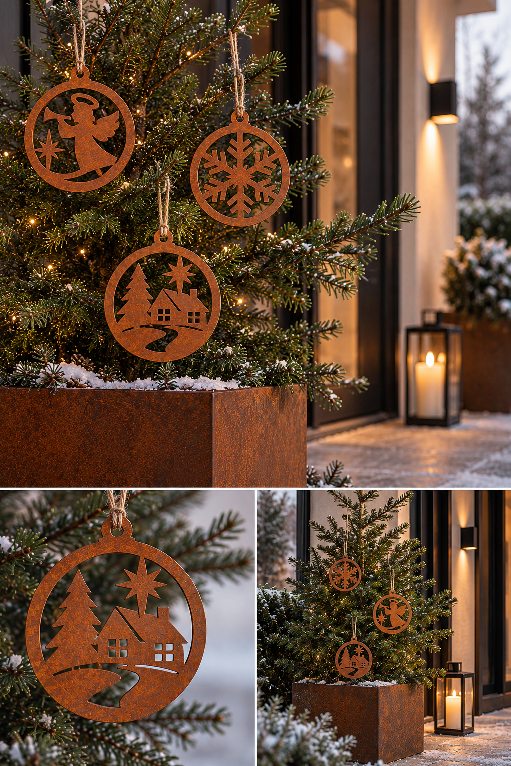Julekugler i cortenstål, med udskåret julemotiver