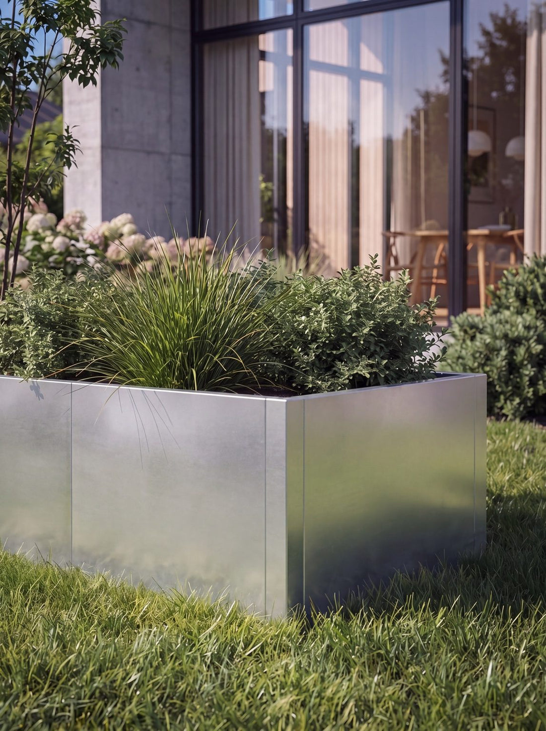 Modulopbygget højbed i galvaniseret stål med grønne planter i moderne have