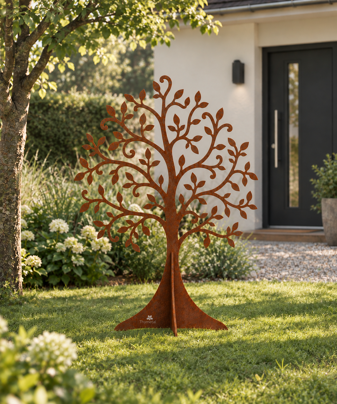 Livstræ i 3 mm corten stål, i haven