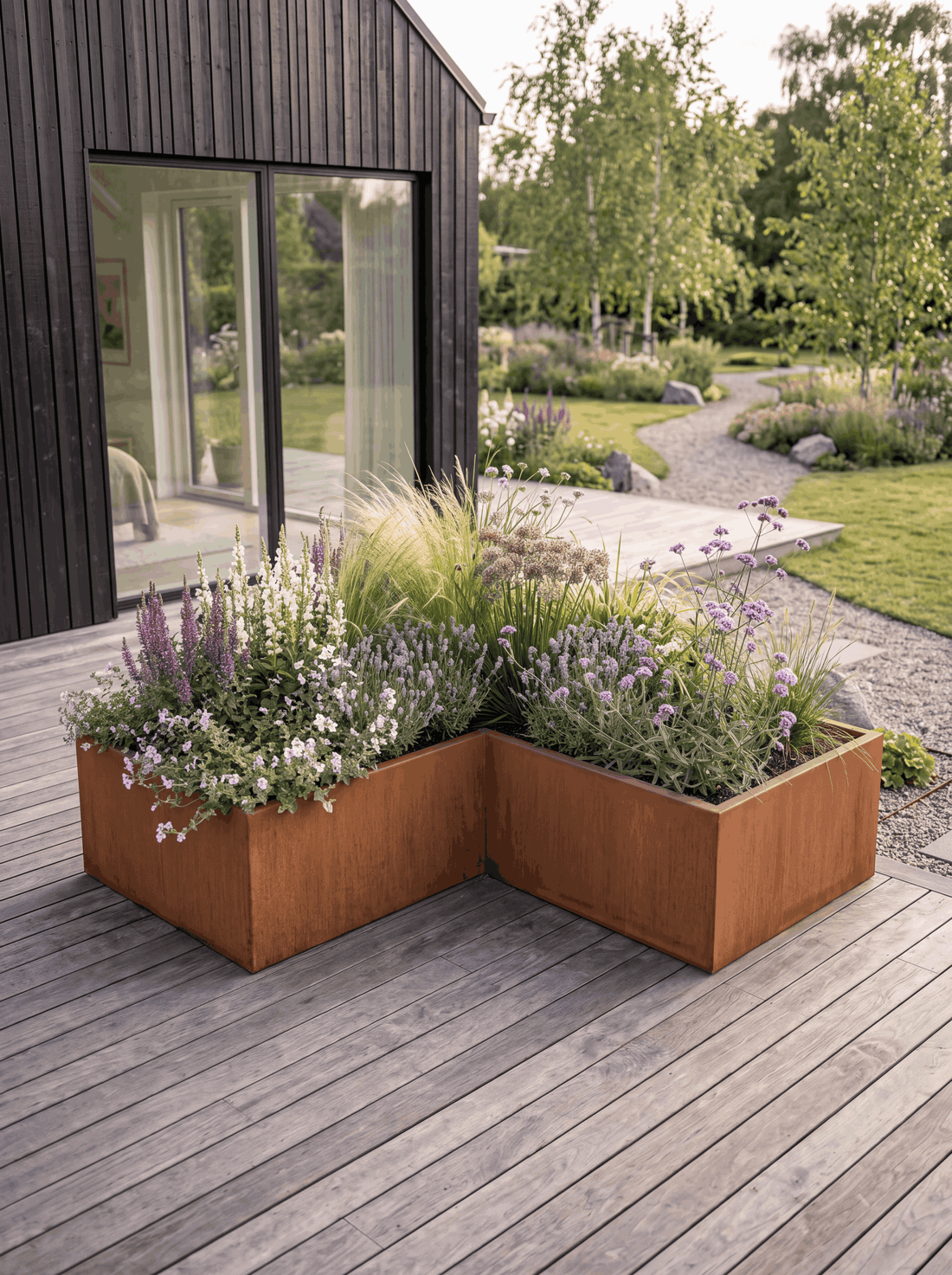 Vinkelformet højbed i cortenstål med blomster og prydgræsser