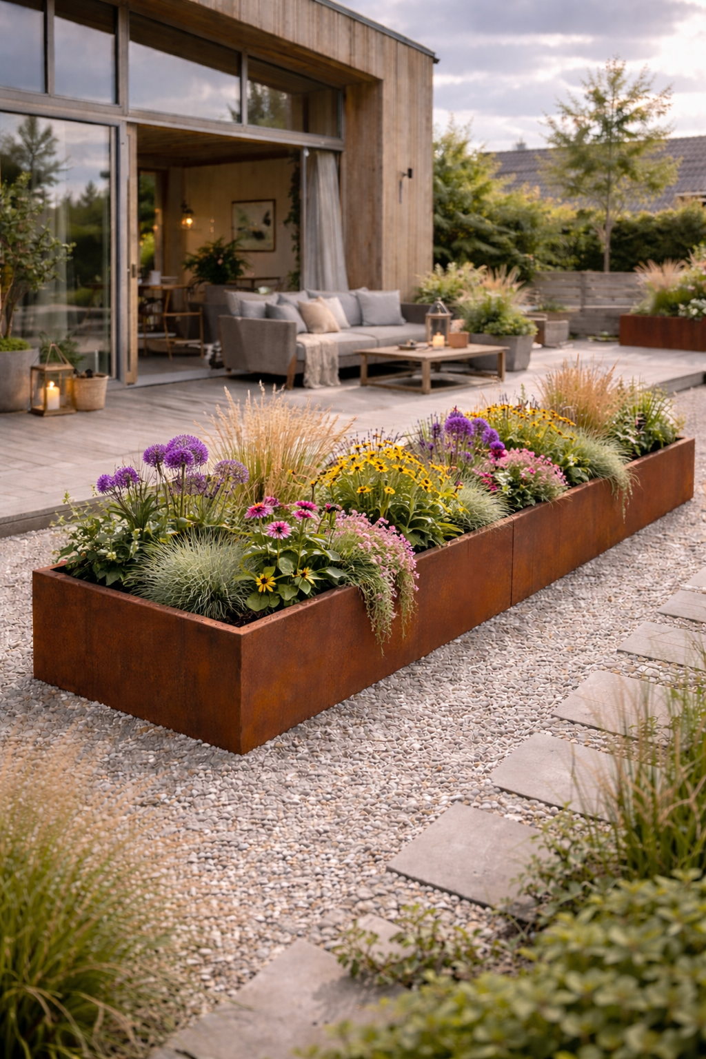 Højbed i cortenstål med farverige blomster ved moderne terrasse