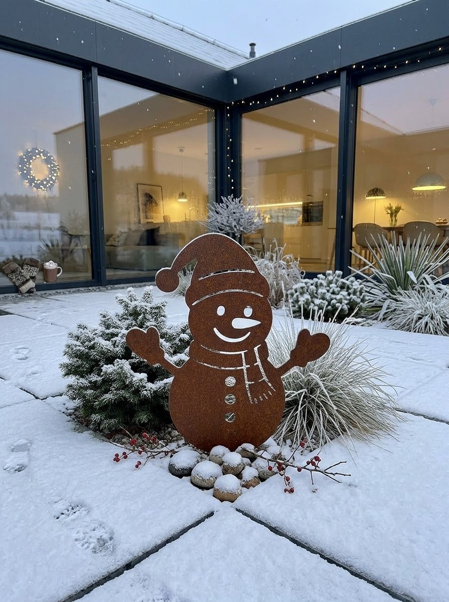 Snemand på spyd i cortenstål, som udendørs julepynt